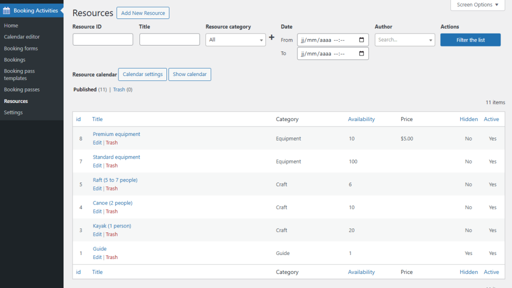 Create a resource - Booking Activities