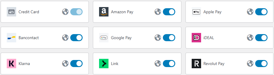 Credit Card, Amazon Pay, Apple Pay, Google Pay, Bancontact, iDEAL, Klarna, Link, Revolut Pay